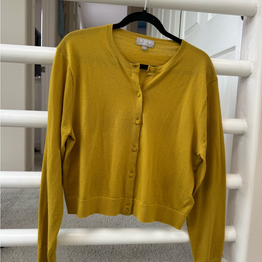 J. Crew Mustard Yellow Button-Front Cashmere Crewneck Cardigan